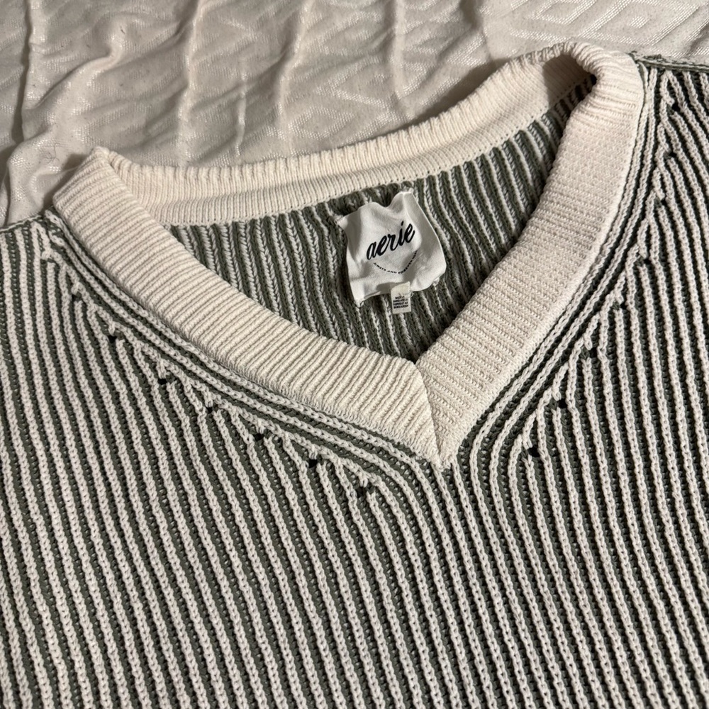 LOWEST PRICE ✨ Aerie Chenille V-Neck Sweater in Cream and Green - Picture 4 of 7